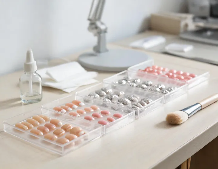 Press-On Nails Sourcing on a cosmetics bench, illustration only