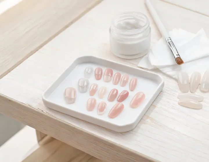 builder gel press on nails on a cosmetics bench, illustration only