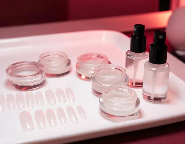 Builder gel under press on nails tips on a lab tray, illustration only