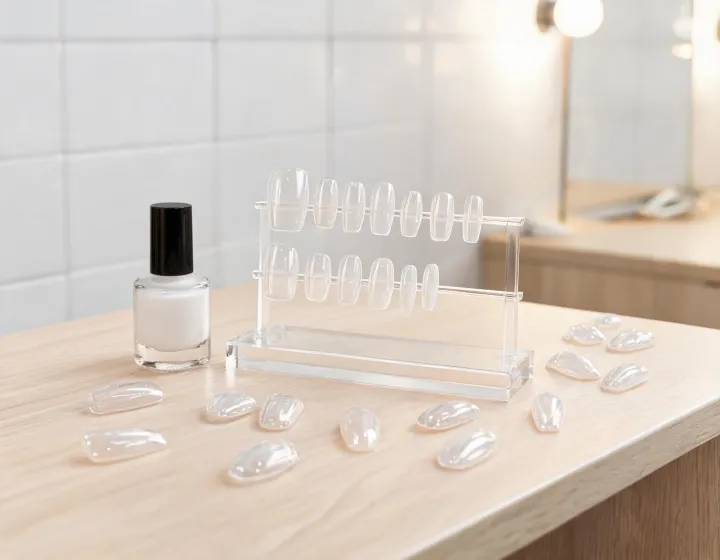 top coat on press on nails on a cosmetics bench, illustration only