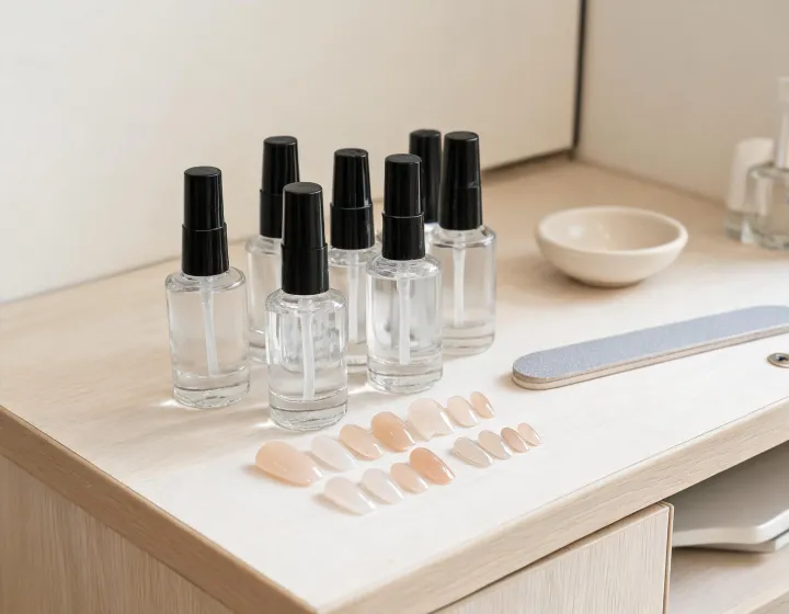 top coat for press on nails on a cosmetics bench, illustration only